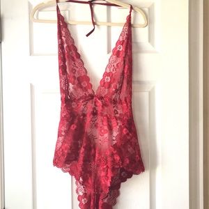 Deep V Style-wine Red lingerie bodysuit 3XL lace
